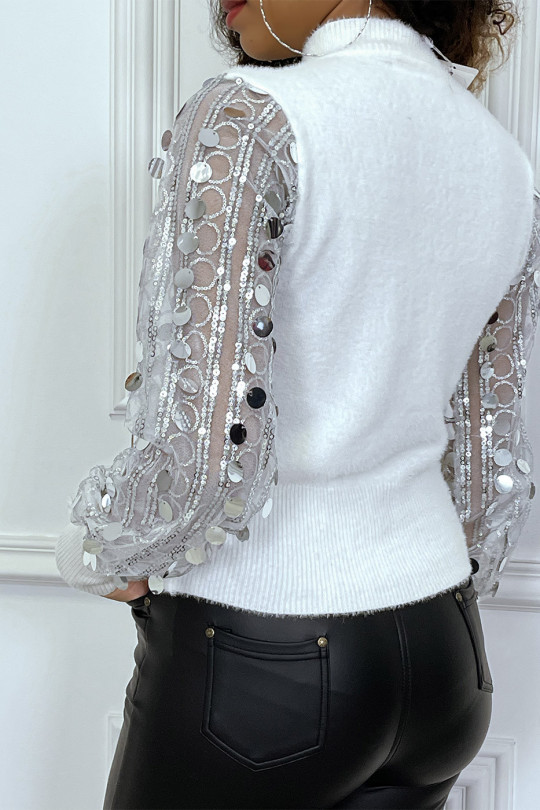 Pull duveteux blanc avec manches bouffantes en sequins - 3 Pull duveteux blanc avec manches bouffantes en sequins - 3