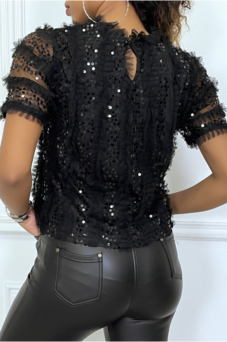 Top noir en tulle doublé avec sequins - 3