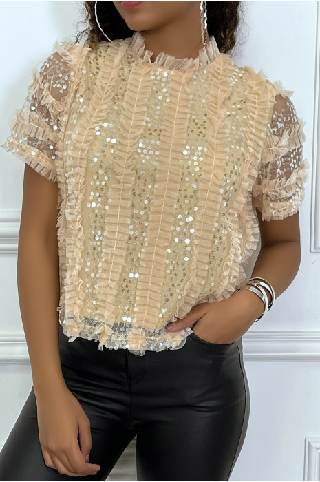 Top beige en tulle doublé avec sequins - 1