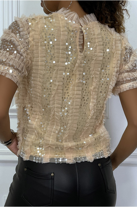 Top beige en tulle doublé avec sequins - 3