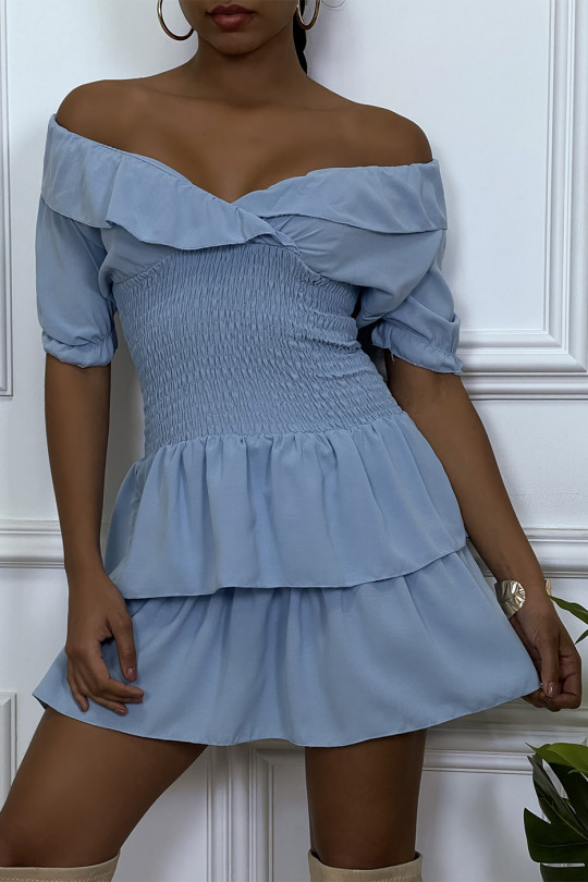 Turquoise jurk gekruist bij de bustehanger met elastiek in de taille en ruche - 5