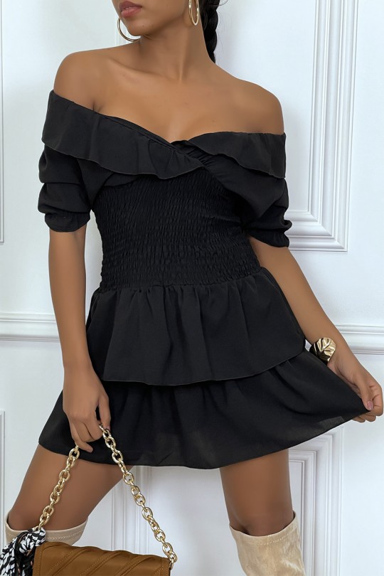 Black dress crossed at the bust hanged with elastic at the waist and ruffle - 4