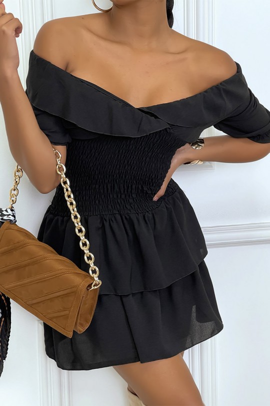 Black dress crossed at the bust hanged with elastic at the waist and ruffle - 6