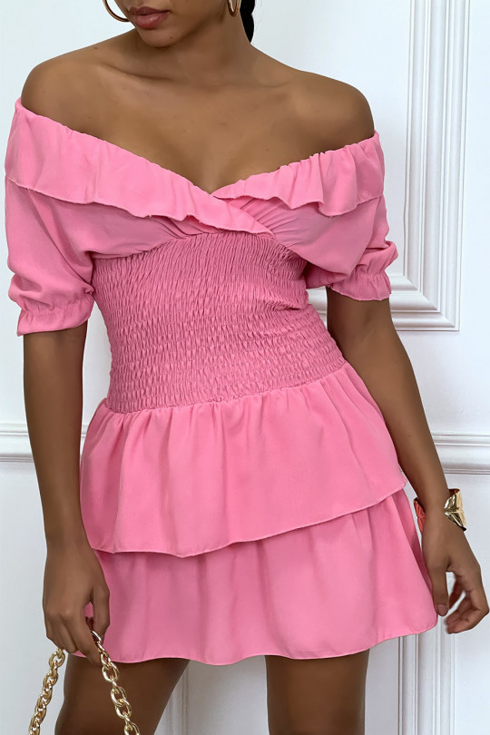 Fuchsia dress crossed at the bust hanger with elastic at the waist and ruffle - 4