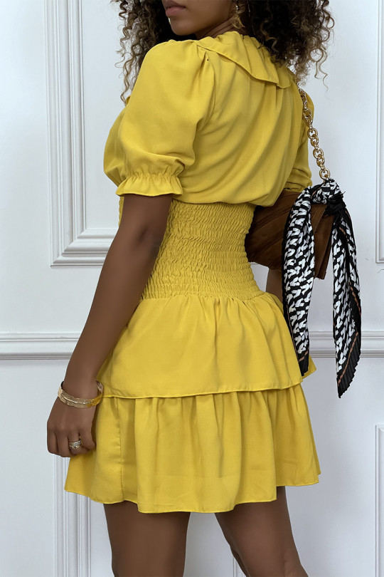 Gele cross-over jurk met hanger buste met elastische taille en ruche - 7