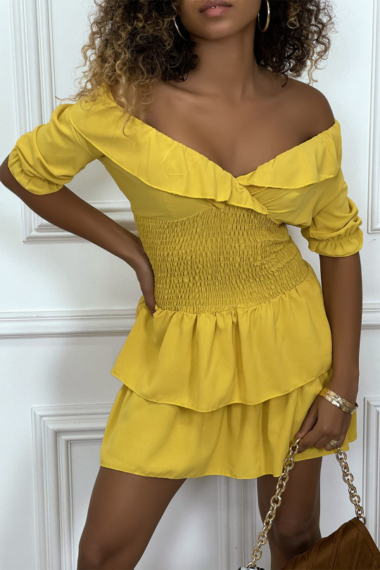 Yellow crossover dress with hanger bust with elastic waist and ruffle - 8