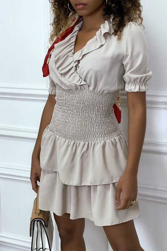 Beige dress crossed at the bust hanger with elastic at the waist and ruffle - 4