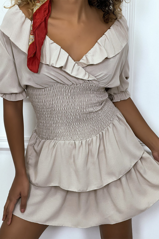 Beige dress crossed at the bust hanger with elastic at the waist and ruffle - 8