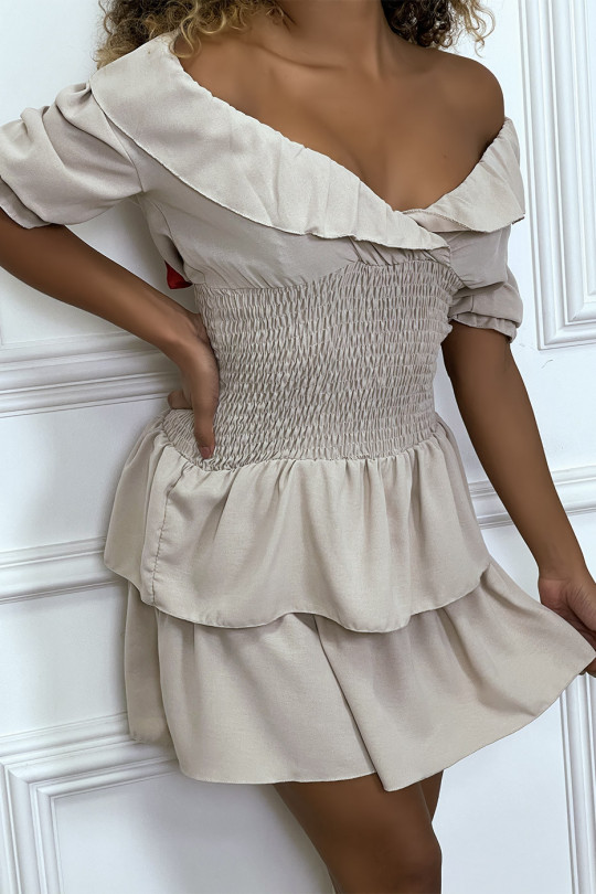 Beige dress crossed at the bust hanger with elastic at the waist and ruffle - 9