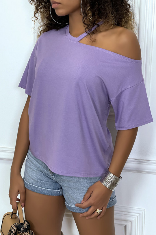 Lilac t-shirt with bare shoulder - 1