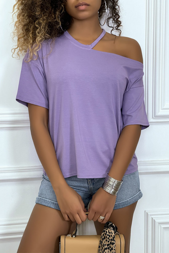 Tee-shirt lila avec epaule denudé - 3
