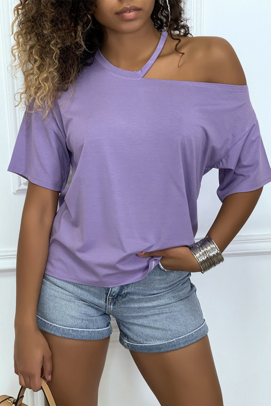 Lilac t-shirt with bare shoulder - 5
