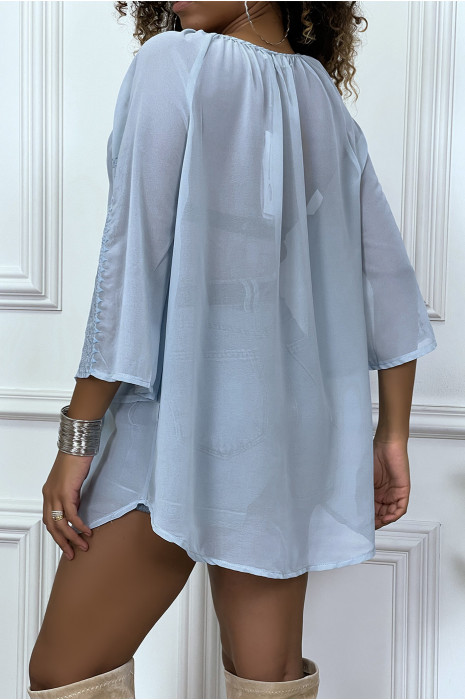 Robe tunique bleu brodée et evasée - 7