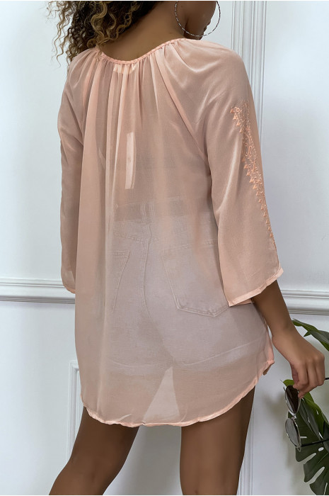Robe tunique rose brodée et evasée - 6