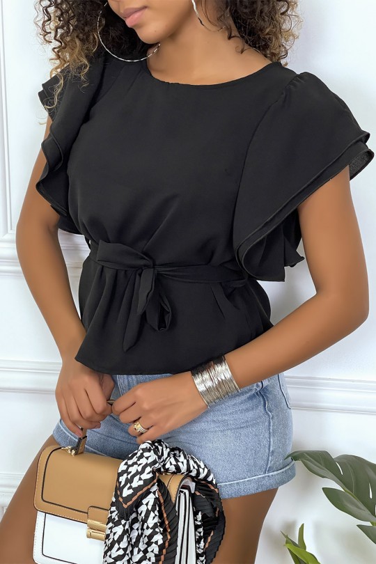 Black blouse with ruffle and belt - 1
