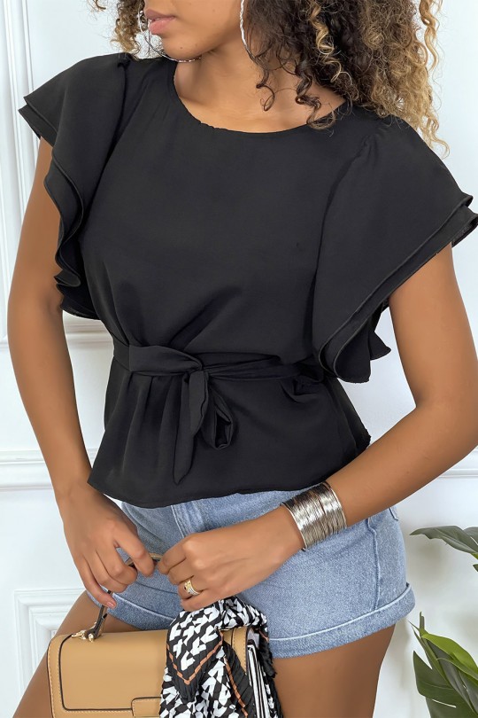 Black blouse with ruffle and belt - 3