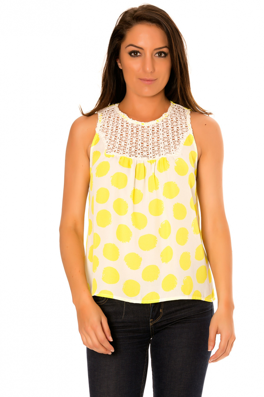 Débardeur Jaune à pois avec décolleté en dentelle. F6107 - 1