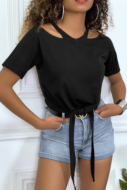 Black t-shirt off the shoulders with bow at the front - 4