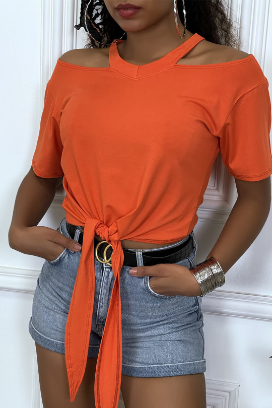 Oranje off-the-shoulder T-shirt met strik aan de voorkant - 1