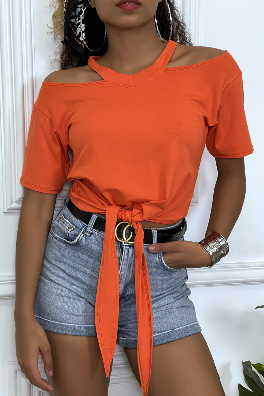 Orange off-the-shoulder T-shirt with bow at the front - 2