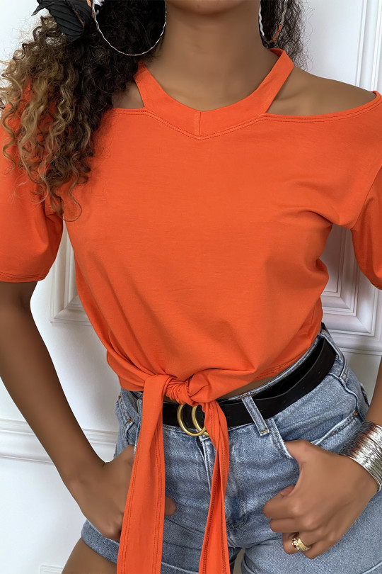 Oranje off-the-shoulder T-shirt met strik aan de voorkant - 4