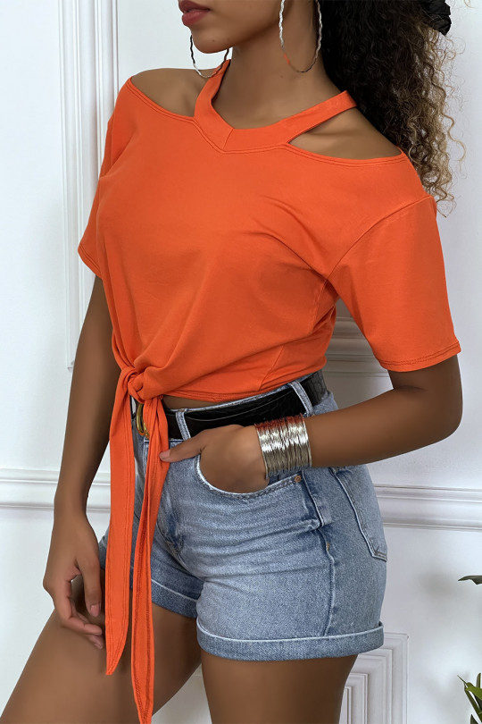 Orange off-the-shoulder T-shirt with bow at the front - 5