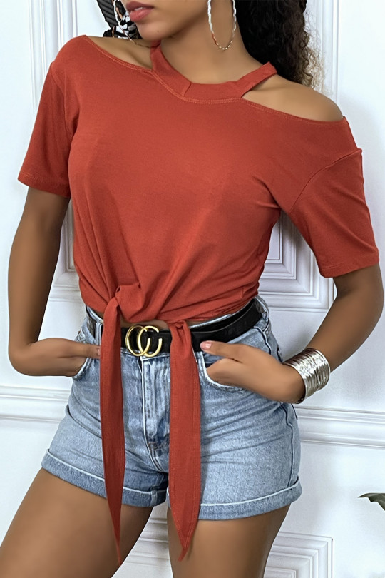 Cognac off-the-shoulder T-shirt with bow at the front - 1