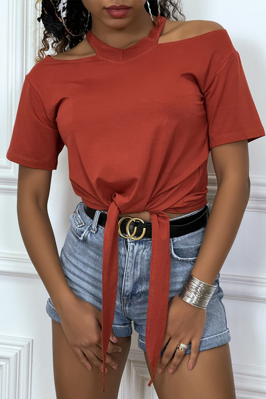 Cognac off-the-shoulder T-shirt with bow at the front - 2