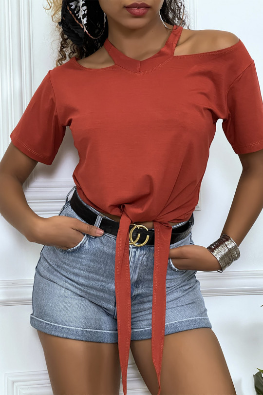 Cognac off-the-shoulder T-shirt with bow at the front - 3