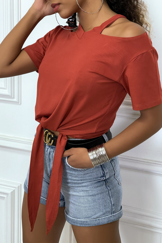 Cognac off-the-shoulder T-shirt with bow at the front - 4