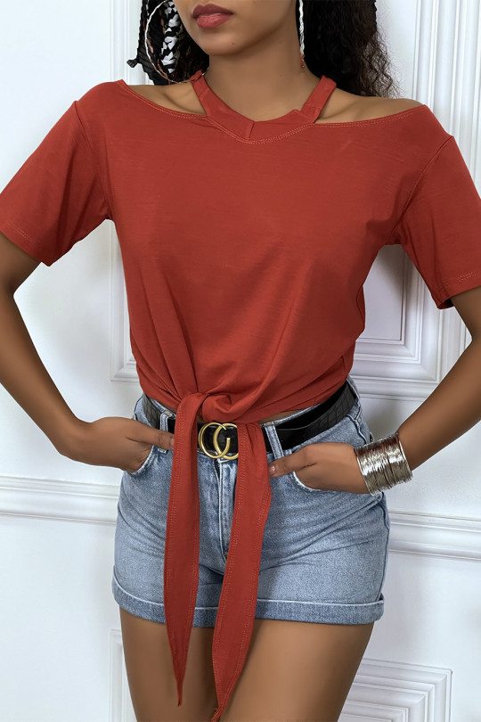 Cognac off-the-shoulder T-shirt with bow at the front - 5
