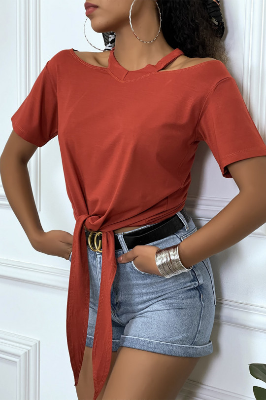 Cognac off-the-shoulder T-shirt with bow at the front - 6
