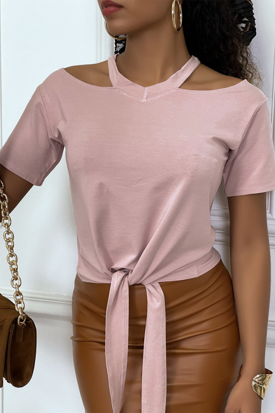 Pink off-the-shoulder T-shirt with bow at the front - 5