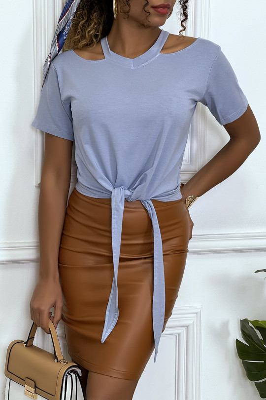 Turquoise off-the-shoulder T-shirt with bow at the front - 3