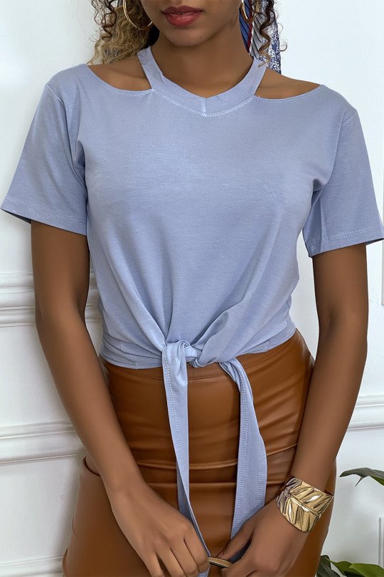 Turquoise off-the-shoulder T-shirt met strik aan de voorkant - 4