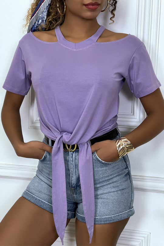 Lilac off-the-shoulder T-shirt with bow at the front - 1