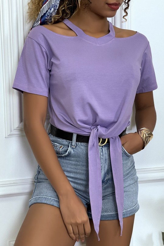 Lilac off-the-shoulder T-shirt with bow at the front - 2