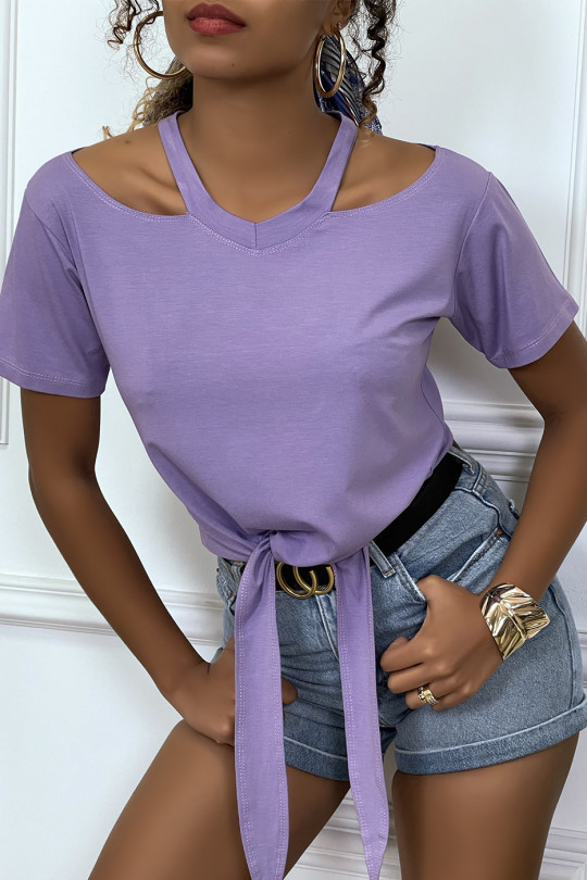 Lilac off-the-shoulder T-shirt with bow at the front - 4