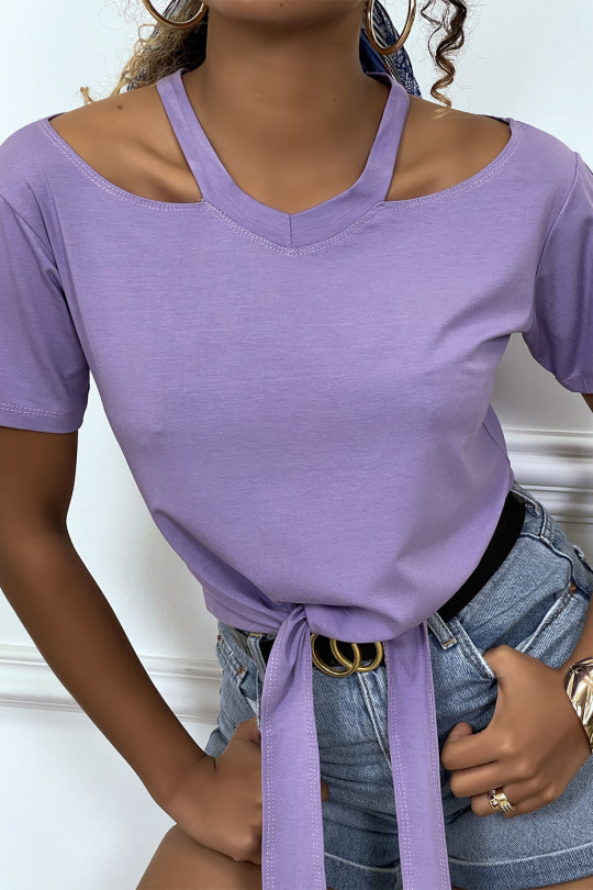 Lilac off-the-shoulder T-shirt with bow at the front - 5