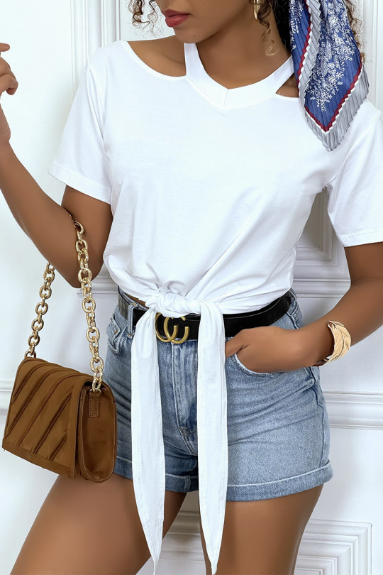 White off-the-shoulders T-shirt with bow at the front - 1