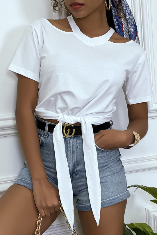 White off-the-shoulders T-shirt with bow at the front - 2