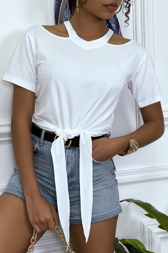 White off-the-shoulders T-shirt with bow at the front - 4