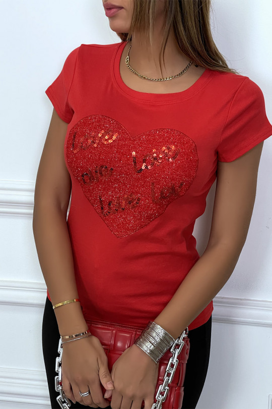 T-shirt rouge avec logo coeur pailleté "love" - 1