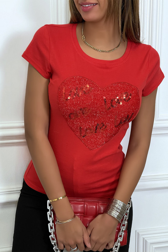 T-shirt rouge avec logo coeur pailleté "love" - 2