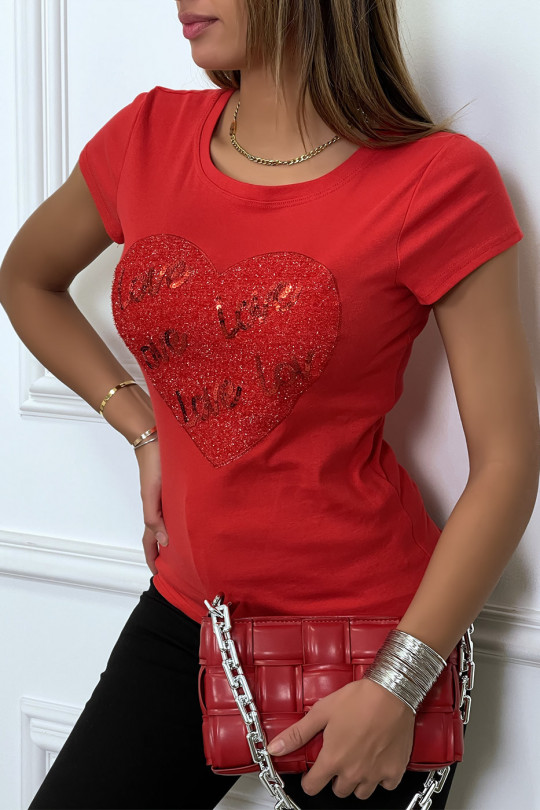 T-shirt rouge avec logo coeur pailleté "love" - 3