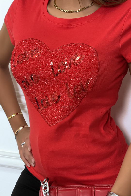 T-shirt rouge avec logo coeur pailleté "love" - 4
