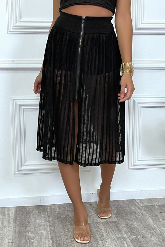 jupe noir longue en résille avec fentes et doublée d'un mini short - 3