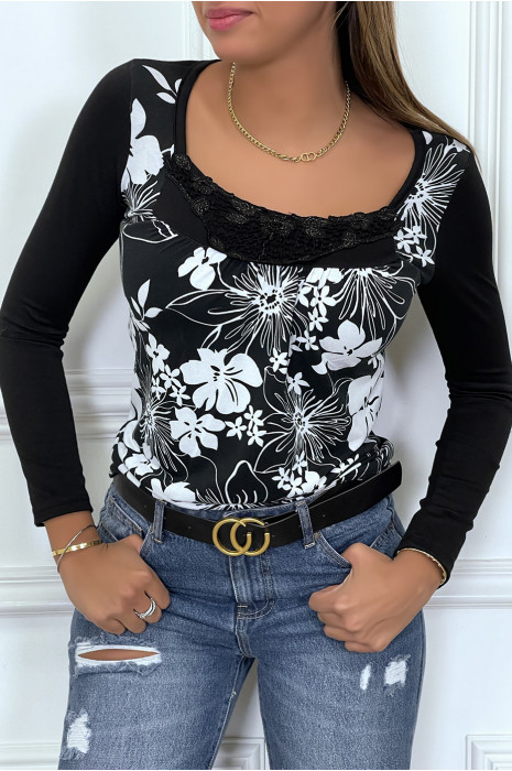Haut noir a motif fleuri blanc et col en dentelle - 2