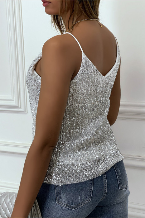 Top strass à fines bretelles gris argenté - 4
