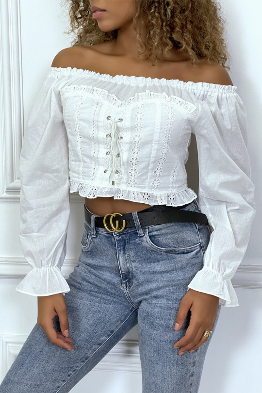 White embroidered boat neck crop top - 2